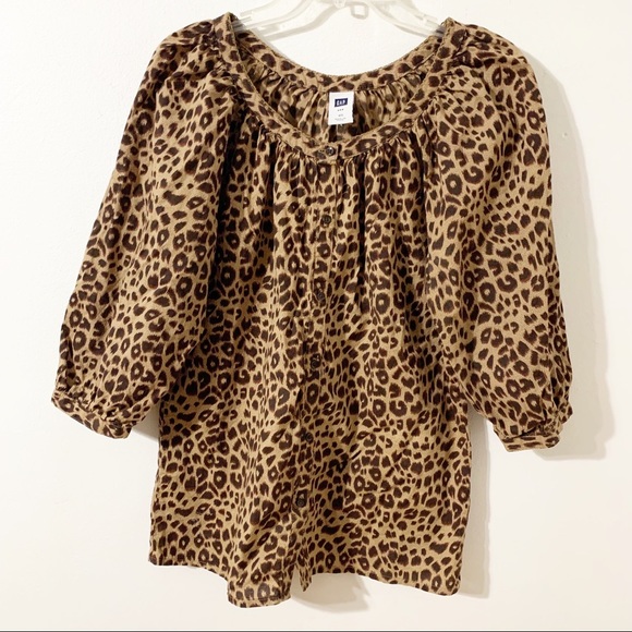Gap Factory Leopard Print Button Front Rounded  Neckline 3/4 Sleeve Blouse🤎 Tan - Picture 1 of 11